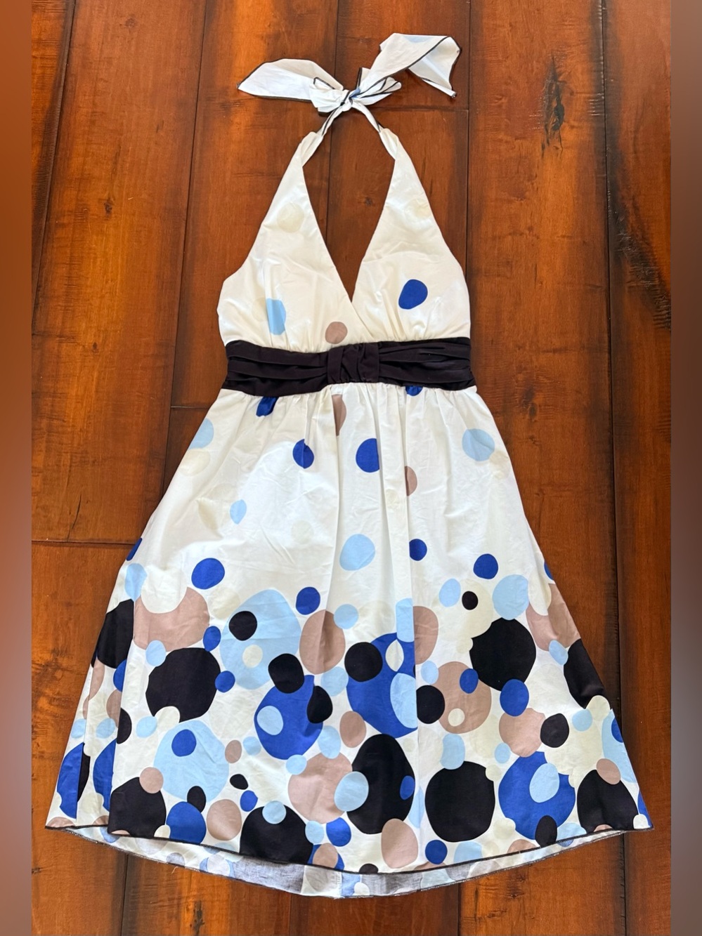 Speechless Off White Halter Dress with Blue, Black, and Tan Dots